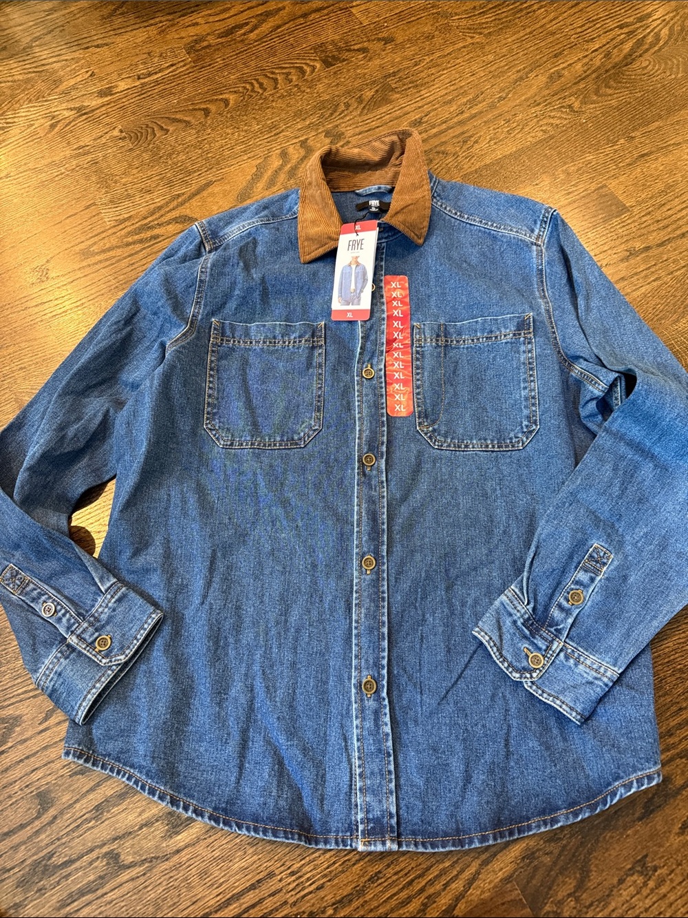 Frye xl Men's Blue Denim Jacket with Brown Corduroy Collar